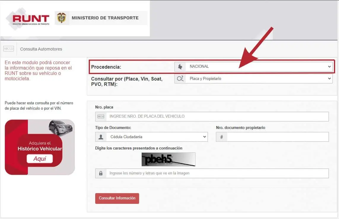 Runt procedencia del vehículo